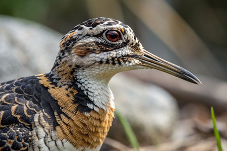 Close-up profile of a striking, intricately patterned bird.の素材