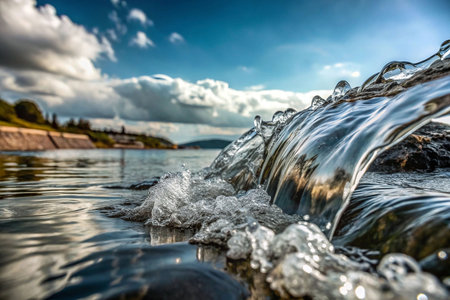 Close-up of cascading water over rocks, sunny sky.の素材