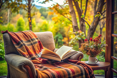 Cozy autumn scene book on armchair by window, fall foliage view.の素材