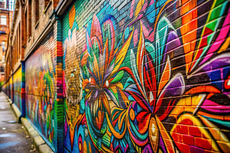 Colorful graffiti art on brick wall in alleyway.の素材