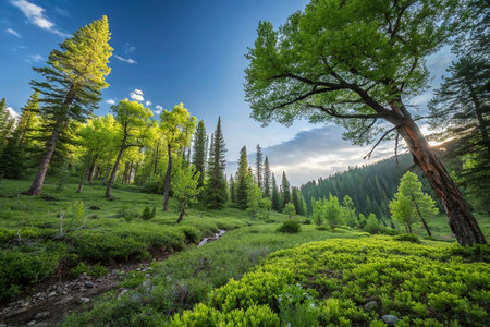 Lush green forest meadow with stream at sunset.の素材