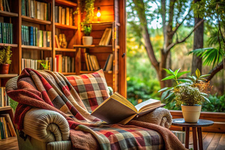 Cozy armchair with book, blanket, in library near window.の素材