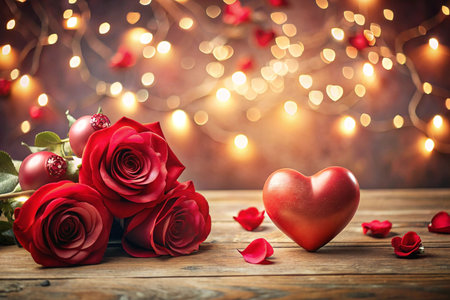 Romantic red roses, heart, lights, petals on wood.の素材