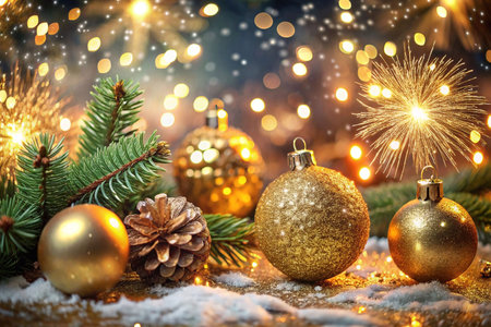 Festive golden Christmas ornaments, pine cone, and sparkling lights on snow.の素材