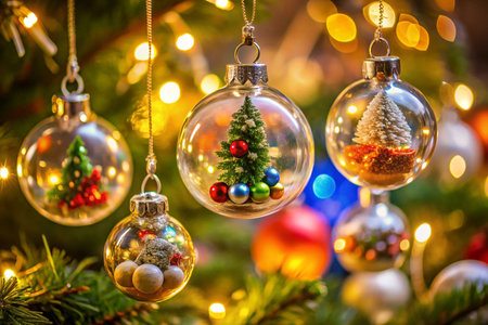 Miniature Christmas trees inside clear glass ornaments hanging on a decorated tree with warm lights.の素材