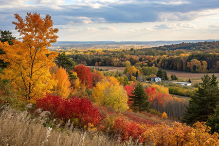 Hillside autumn landscape with vibrant foliage, farm, and distant valley under a cloudy sky.の素材