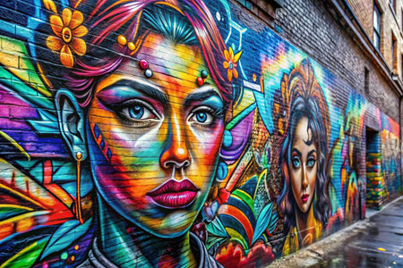 Vibrant colorful graffiti mural of women's faces on brick wall.の素材