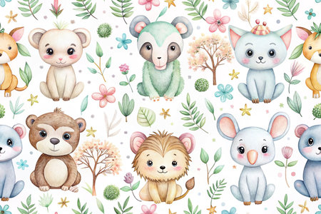 Adorable watercolor animal seamless pattern.の素材