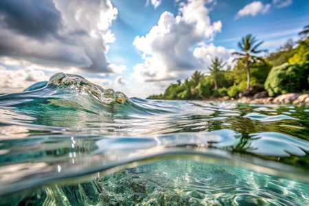 Crystal-clear ocean wave breaking over coral reef, tropical beach and palm trees under sunny sky.の素材