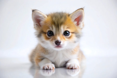 Adorable tiny kitten with orange, brown, and white fur, lying down on white background.の素材