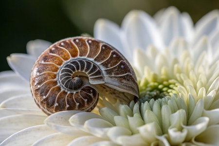Ammonite fossil shell on white flower.の素材