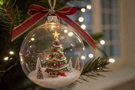 Clear glass Christmas ornament with miniature snow scene and tree.の素材