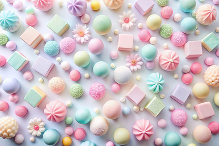 Pastel candies, sweets, and flowers arranged on a white background.の素材