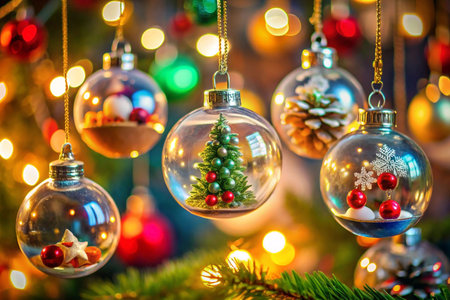 Transparent Christmas ornaments with miniature scenes inside, hanging on a decorated tree with warm lights.の素材