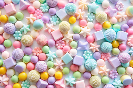 Pastel-colored candy assortment background.の素材