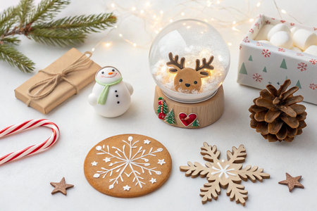 Festive Christmas scene with snow globe, snowman, cookies, and gifts.の素材