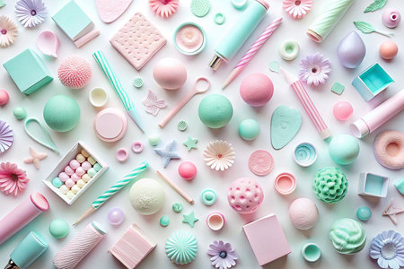Pastel-colored objects arranged on white background.の素材