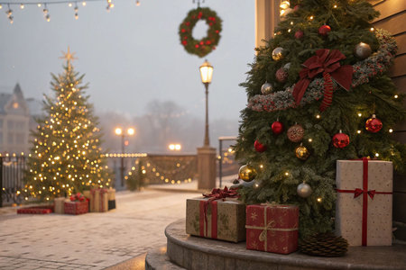 Festive Christmas scene with decorated trees, gifts, and snowy streets.の素材