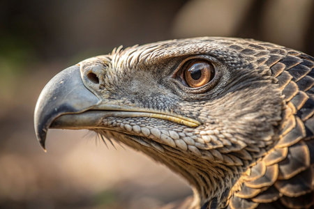 Close-up profile of a majestic eagle's head, showcasing intricate feathers and intense gaze.の素材