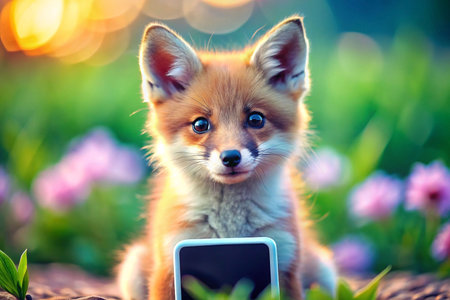 Cute fox lies on the grass and looks at the phone.の素材