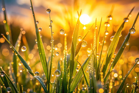 Fresh grass with dew drops close up at sunset. Nature backgroundの素材