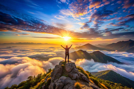 Man standing on the top of the mountain and enjoying the sunrise.の素材