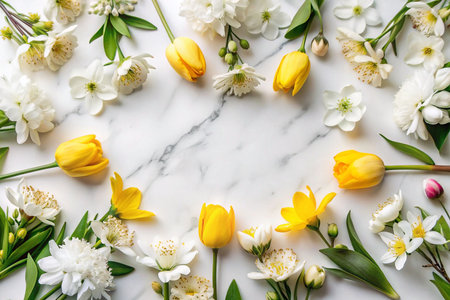 Spring flowers arranged in a circle on marbleの素材