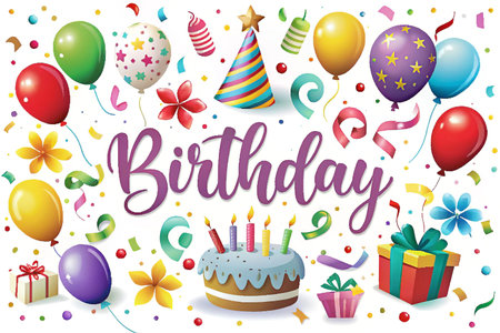 Birthday party celebration graphic design with balloons, cake, gifts, and confettiの素材