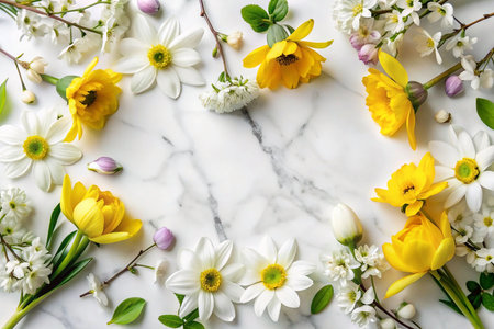 Spring flowers arranged on marble, a blank center for textの素材