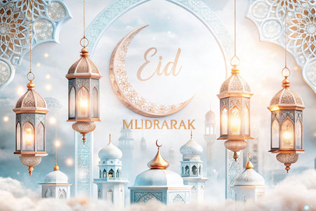 Eid Mubarak, Islamic lanterns, mosque, celebration backgroundの素材