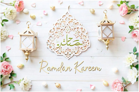 Ramadan Kareem greeting card design, lanterns, flowers, white wood backgroundの素材
