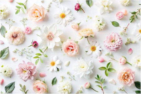 Pastel flowers arrangement on white background; floral design for spring;  flat layの素材