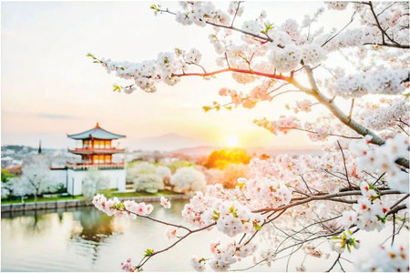 Spring Cherry Blossoms over Japanese Templeの素材