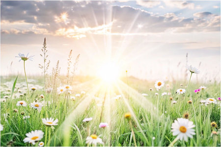 Sunrise meadow flowers, vibrant colors, tranquil sceneの素材