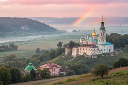 Misty Sunrise Over Monastery, Rainbowの素材