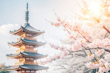 Japanese Pagoda with Cherry Blossomsの素材