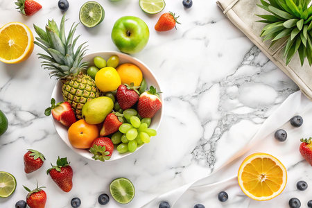 Colorful fruit bowl on marble, healthy food arrangement, plant in background, flat lay, design inspirationの素材