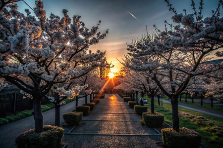 Cherry blossoms pathway sunrise parkの素材