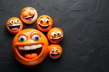 Group of laughing emojis on dark textured backgroundの素材