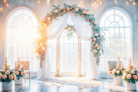 Elegant wedding arch, sunlight streams through large windows, floral decorの素材