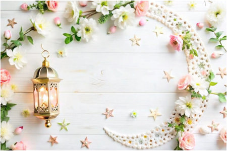 Floral Ramadan lantern on white wood with crescent moonの素材