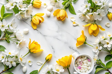 Spring flowers, marble background, arrangement, confettiの素材