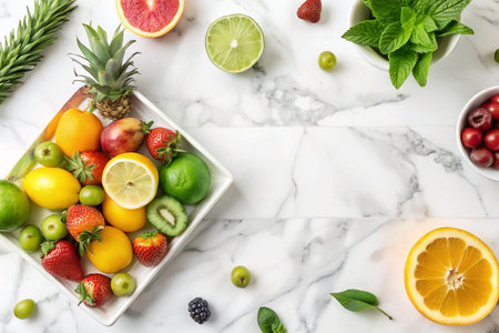 Colorful fresh fruit assortment on marbleの素材