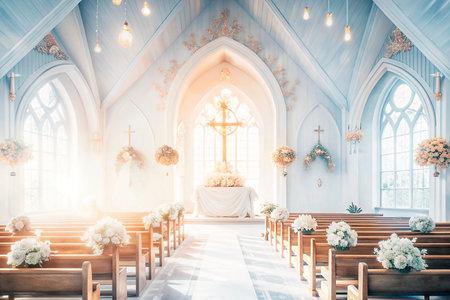Empty church interior, wedding ceremony, sunlight, floral decorationsの素材