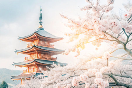 Japanese Pagoda with Cherry Blossoms, Spring Sunriseの素材