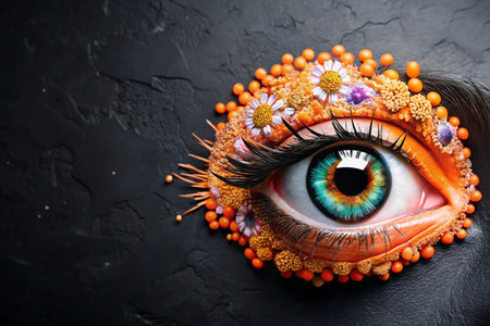 Ornate eye, floral design, dark background, creative makeupの素材