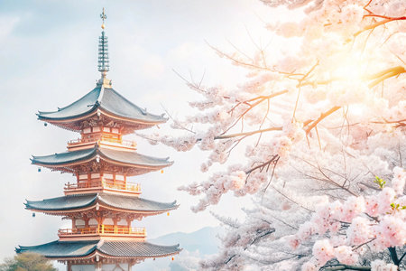 Japanese Pagoda with Cherry Blossoms, Spring Sunrise (1)の素材