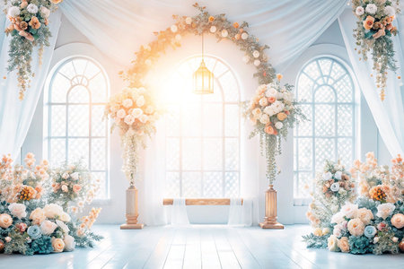 Elegant floral archway, sunlit room, wedding backdropの素材