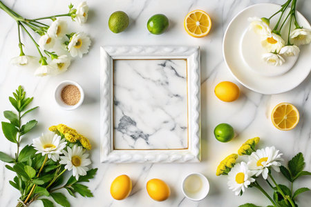 White marble background with frame, flowers, lemons, and eggsの素材