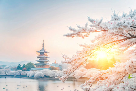 Sunrise Cherry Blossoms Pagoda Japanの素材